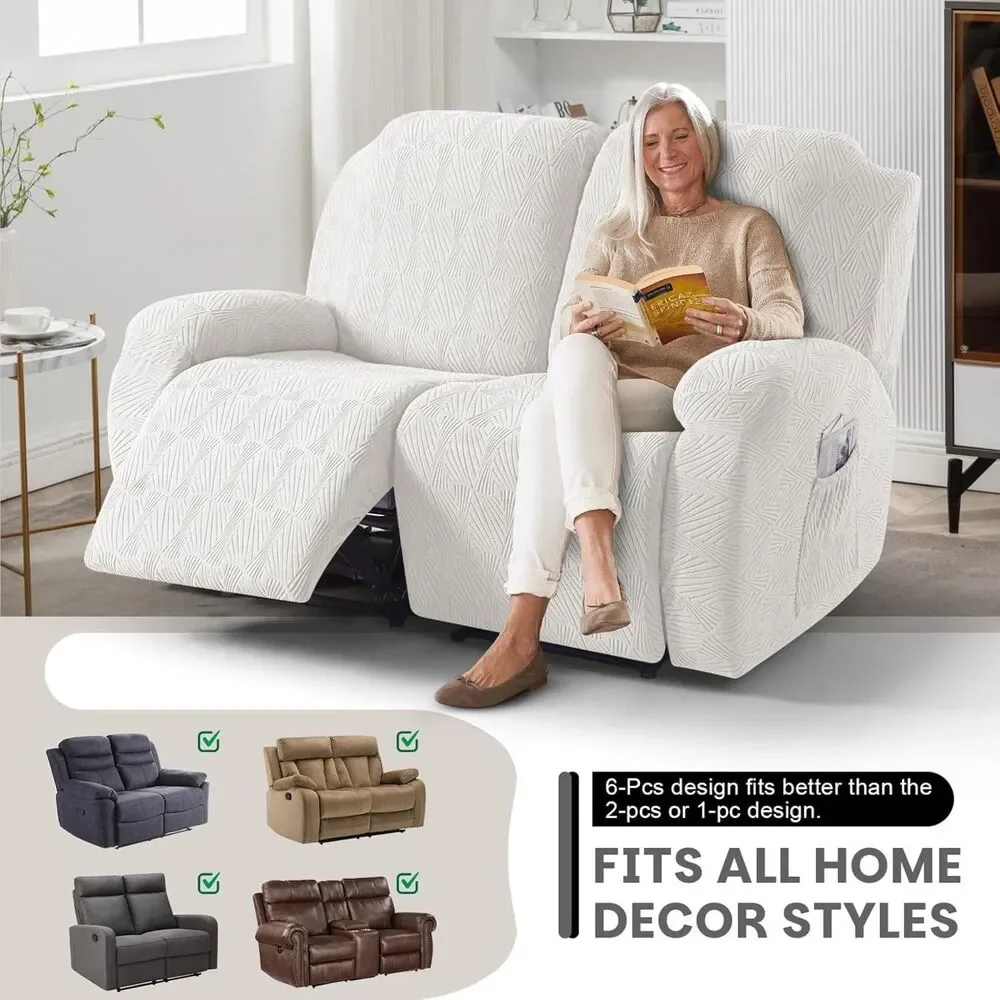 2 Seat Recliner Loveseat Cover, 6-Pieces Stretch Slipcover (Porcelain White)